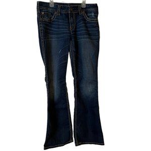 Silver Jeans Suki Surplus Bootcut Blue Button Back Pockets Embroidered Womens